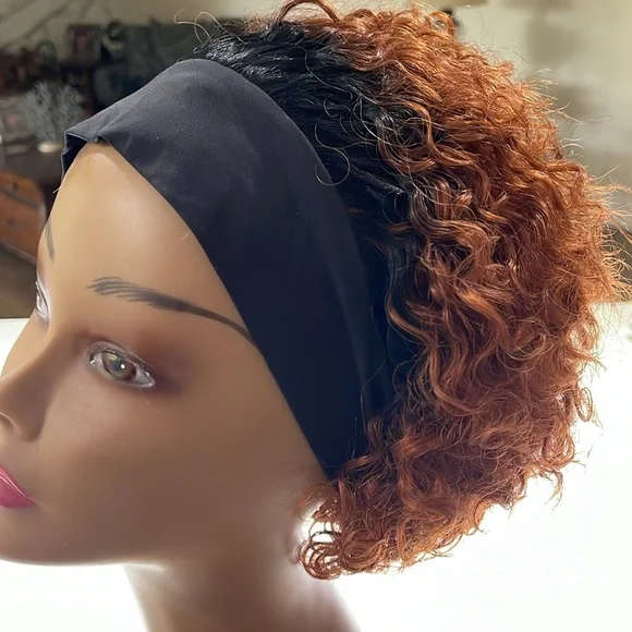 💯% HUMAN Hair Wig, Headband Pixie Cut Curly, Glueless Ombre Black to Copper